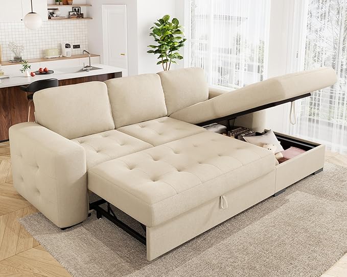 VanAcc 96 Sofa Bed Couch with Storage Chaise Convertible Sleeper Sofa Sleeper Couch with Pull Out Bed for Living Room(Beige)