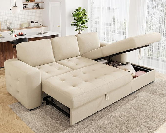 VanAcc 96 Sofa Bed Couch with Storage Chaise Convertible Sleeper Sofa Sleeper Couch with Pull Out Bed for Living Room(Beige)