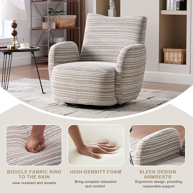 360° Swivel Accent Chair with Armrest Modern Striped Upholstered Lounge Chair Stable Round Base &amp Sturdy Metal Frame Armchair for Bedroom Living Room Office &amp Vanity (Khaki)