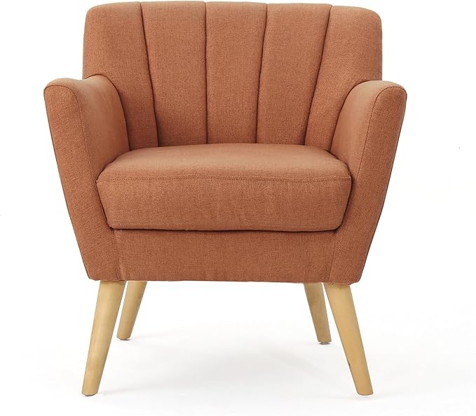 Mid-Century Accent Chairs Modern Upholstered Living Room Chair Cozy Armchair with Wood Legs for Bedroom/Office/Cafe/Living Room (Orange + Linen)