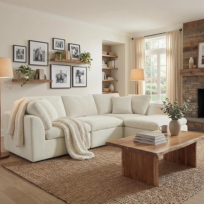 CHITA 108 Cloud Sectional Couches for Living Room Boneless L-Shape Sofa with Ottoman 3 Seater Modular Sectional Sofa Cream