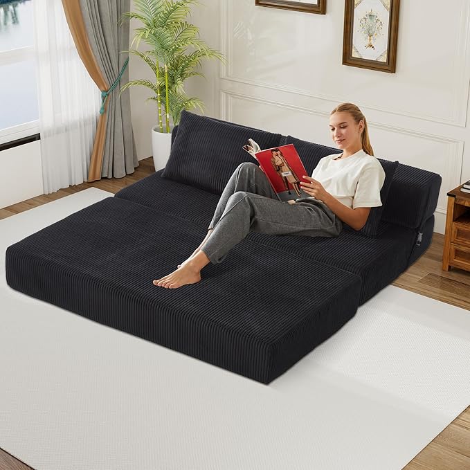 Folding Sofa Bed Full Size Modern Corduroy Floor Boneless Loveseat Couch Bed with 2 Pillows Comfy 3 in 1 Convertible Sleeper Sofa for Living Room Apartment Dorm Small Space Black