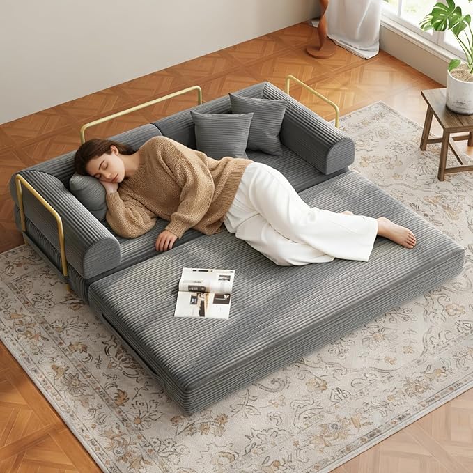 Compression Sofa 75 inch Convertible Floor Sofa Bed 2-in-1 Foldable Frameless Sofa Memory Foam Mattress Corduroy Fabric Pulls Out Couch Suitable for Living Rooms 、Apartments Grey (2 Pillows)