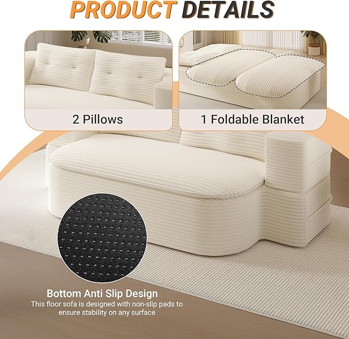 78.7'' Convertible Sleeper Sofa Corduroy Floor Foam Compression Loveseat Sofa Bed Couch Modern Folding Futon Couch Foldable Full Size Guest Bed with 2 Pillows and Blanket for Living Room (Beige)