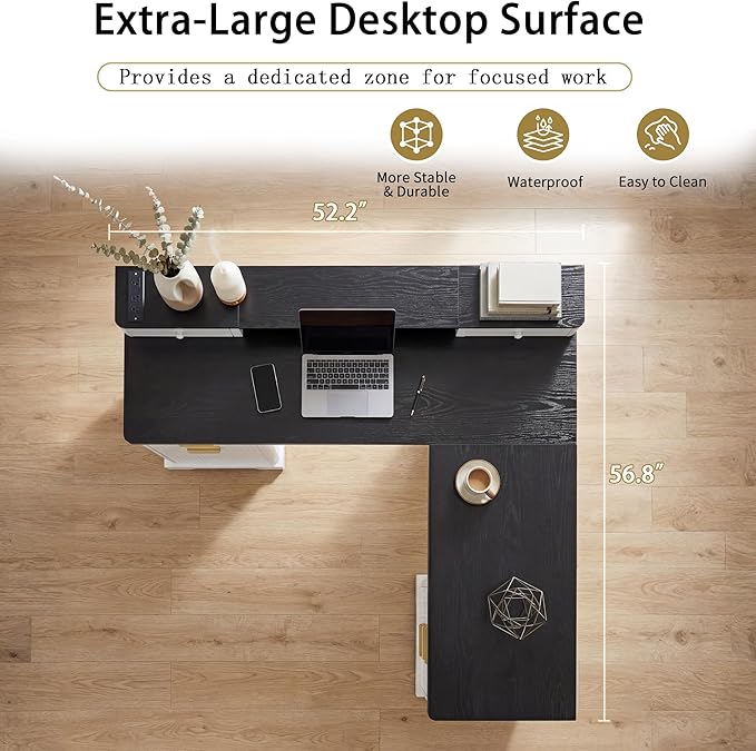 Hommoo L Shaped Home Office Desk with Drawers Wood Corner Computer Desk with File Cabinet and Storage Shelf Executive Work Study Writing Table with Power Outlets and Monitor Stand 59 Inch White