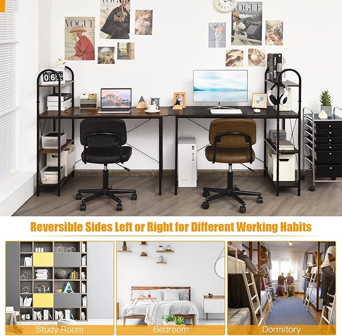 Tangkula 48-Inch Reversible Computer Desk with Storage Shelves Home Office Study Writing Desk with Bookshelves Writing Computer Workstation Home Office Desk (Black)