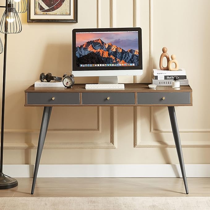 KEVINSPACE Mid Century Desk with Drawers 47 Modern Home OfficeDesk Writing StudyDesk ComputerDesk with Metal Legs &amp 3 Drawers Multipurpose Vanity TableDesk for Bedroom Office Walnut&ampGrey