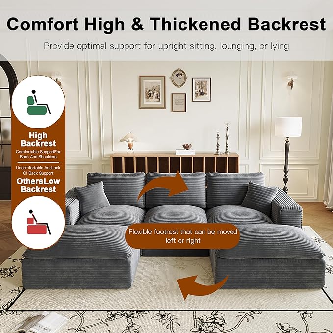 108'' Modular Sectional Sofa with Ottoman Corduroy Cloud Sectional Couches for Living Room High-Back Modern L Shaped Boneless Couch Deep Seat 3 Seater Sofa No Assembly Required Grey