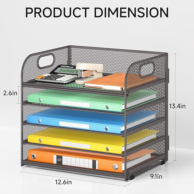 Lavatino 5 Tray Desk File Organizer Mesh Paper Sorter Letter Tray Organizer with Handle Desktop File Organizer and Storage for Letter/A4 Office File Folder- Grey
