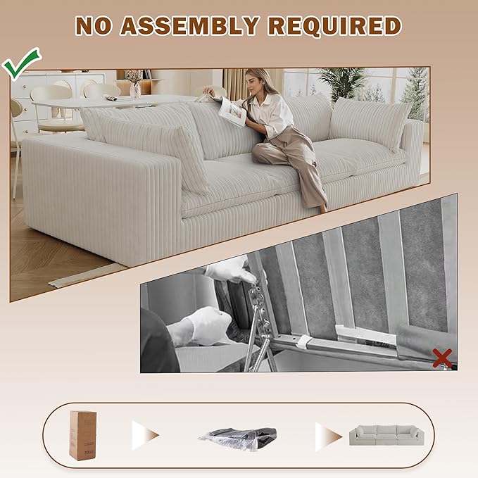 Oversized 118 W Corduroy Boneless Couches for Living Room No Assembly Required 3-Seaters Modular Sectional Sofa with Removal Cushion Comfy Plush Upholstered Couch for Apartment/Office (White) | Co