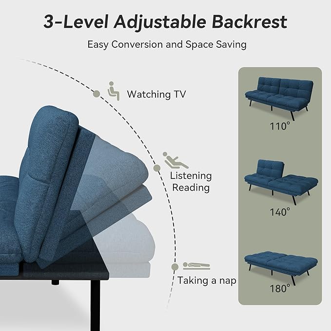 Convertible Futon Sofa Bed71 Memory Foam Futon CouchDetachable CushionAdjustable Backrest &amp ArmrestLinen Modern Loveseat Sleeper Recliner for Living RoomOfficeApartmentRoyal Blue