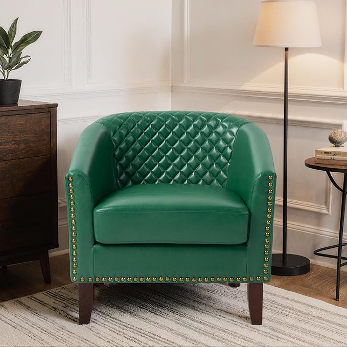 Pia Ricco Faux Leather Barrel Chairs Set of 2 Modern Comfy Accent Chairs Upholstered Armchair Club Chairs with Nailhead Trim Single Sofa Barrel Chair for Living Room Reading Room Green