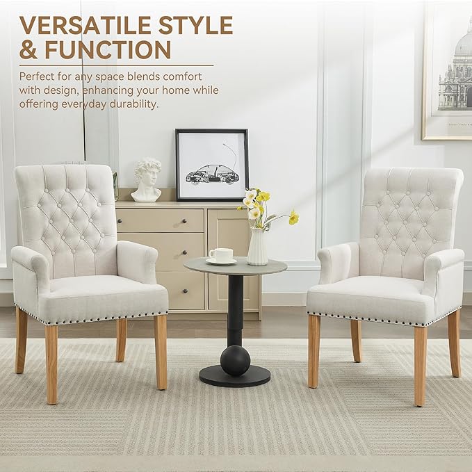 Fabric Dining Chair with Arms Upholstered Tufted High Back Dining Room Chairs Accent Armchair with Solid Wood Leg and Nailhead Trim Kitchen Dining Living Room Beige