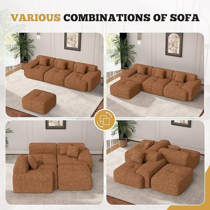 158 Modern U Shaped Modular Sectional Sofa Boneless Couches for Living Room with Ottoman6 Seater Convertible Chenille Cloud Couch Sofa Set No Assembly Required Orange 1 PCS