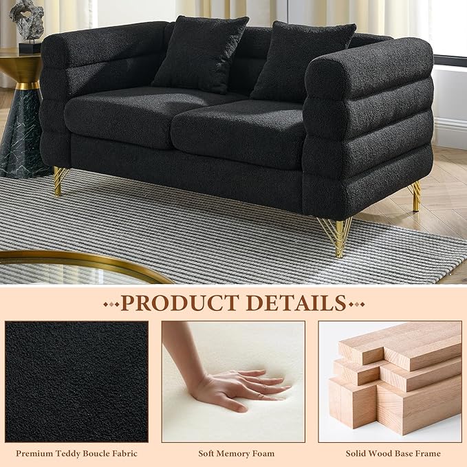 Loveseat Modern Sofa 60 Teddy Boucle Comfy Cloud Couch Upholstered Deep 2 Seater Sherpa Couch Set with Stylish Metal Legs for Living Room Home Office Bedroom Apartment Black