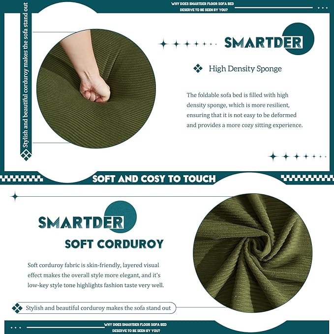 Convertible Folding Sofa Bed Modular Floor Sofa with Removable Backrest 3-Seater Fold Out Couch Bed with Pillows King Size Futon Lazy Couch Corduroy Sleeper for Living Room Dorm Green