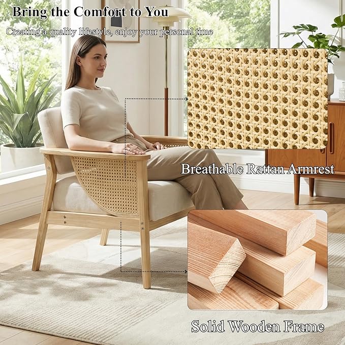 Mid Century Modern Accent Chair Set of 2 Rattan Armchair with Wood Legs Living Room Chair Linen Upholstered Lounge Chair for Bedroom Reading Room Beige