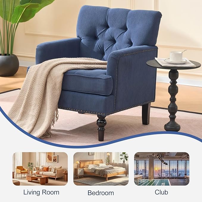 Mid Century Modern Accent Chair Upholstered Armchair for Adults with Button Linen Reading Chair with Studded and Rubber Wood Legs for Living Room Bedroom Apartment Office (Blue)