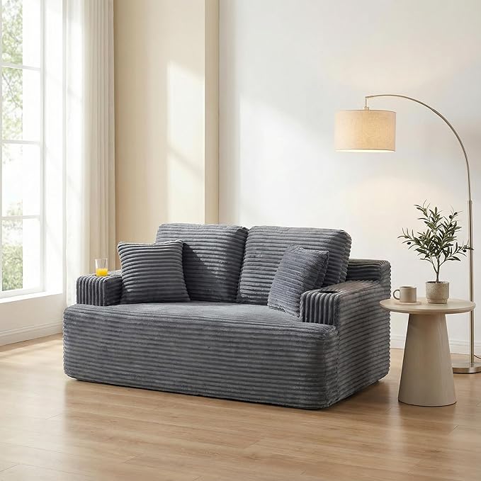 Floor Loveseat Boneless Sofa Couch in a Box with Cup Holder and Side Pockets Corduroy Upholstered 2 Seater Cloud Foam Sofa with Deep Seating for Living Room No Assembly | Breathable material Cuphol
