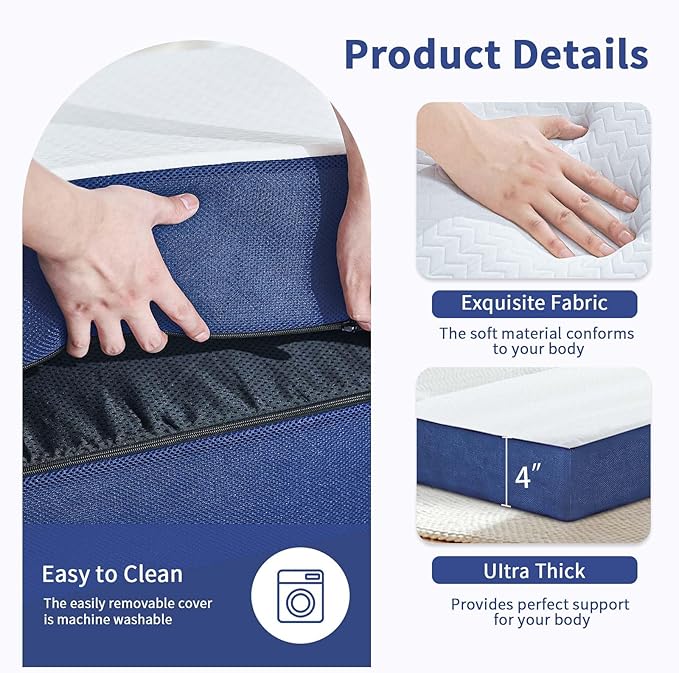 CYMULA Folding Mattress Single Size4 inch Memory Foam Tri-Fold Single Floor Mattress Topper with Breathable &amp Washable CoverLightweight Foldable Mat for CampingNaps and Guests(25×75×4)