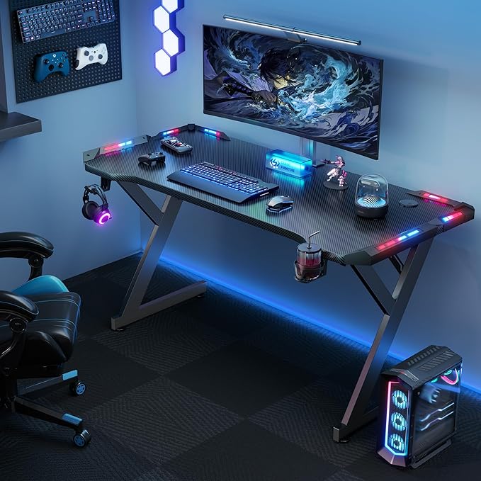 HLDIRECT 40 INCH Gaming Desk with LED Lights Home Office Gamer Desk Ergonomic Computer Table with Large Carbon Fiber Desktop Office Workstation Cup Holder &amp Headphone Hook Black