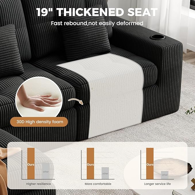 112 L Shaped Cloud Boneless CouchModern Modular Sectional Sofa with Layered CushionNo Assembly Convertible Corduroy Couches for Living RoomBlack 1 PCS
