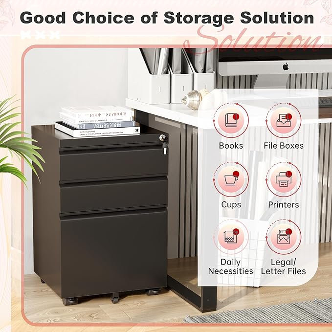 Superday Black File Cabinet 3 Drawer Fully Assemble Metal Rolling Vertical Filing Cabinet with Wheels Small Under Desk File Cabinets for Home Office
