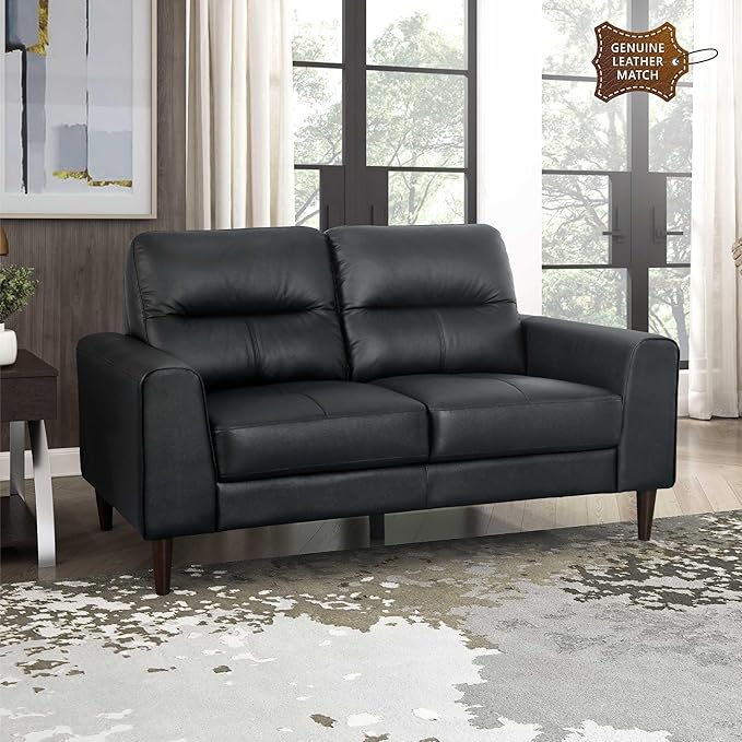 Lexicon Leather Match Loveseat Sofa Modern Couch Sofa Oversized Loveseat Solid Wood Legs Top Grain Leather 2 Seater Couch for Living Room Bedroom Office Apartment Waiting Room Black