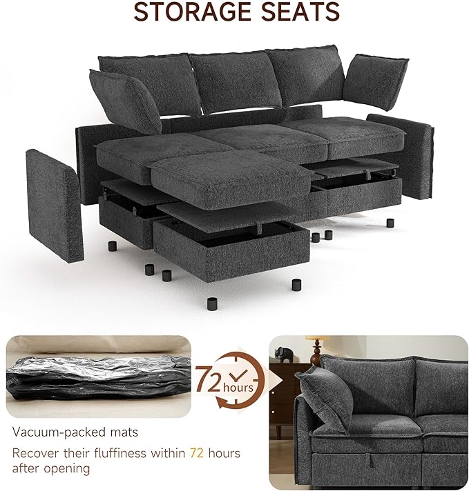 WorthFurni Modular Sectional Sofa Couches for Living Room Large Storage Couch with Washable Cover Comfy L Shaped Deep Seat Couch Set for Apartment Bedroom(4 Seater Dark Grey)