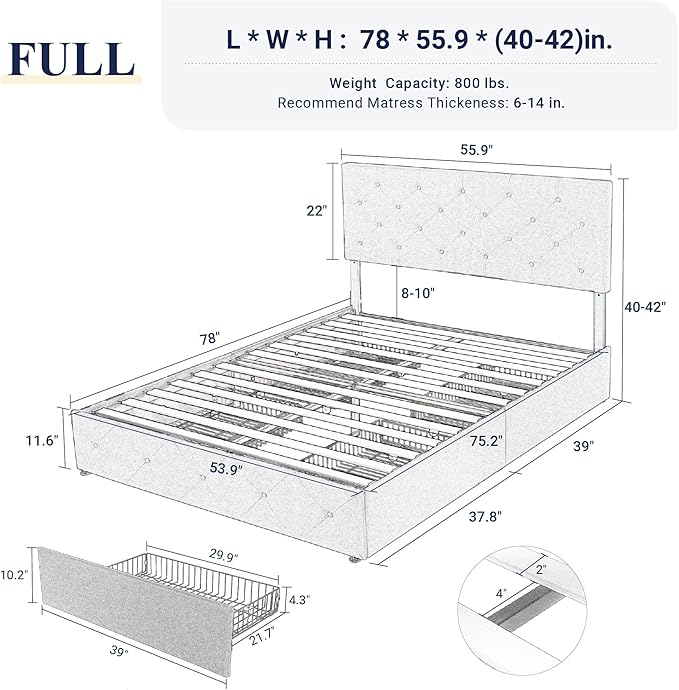 Allewie Upholstered Full Size Platform Bed Frame with 4 Storage Drawers and Headboard Diamond Stitched Button Tufted Mattress Foundation with Wooden Slats Support No Box Spring Needed Beige