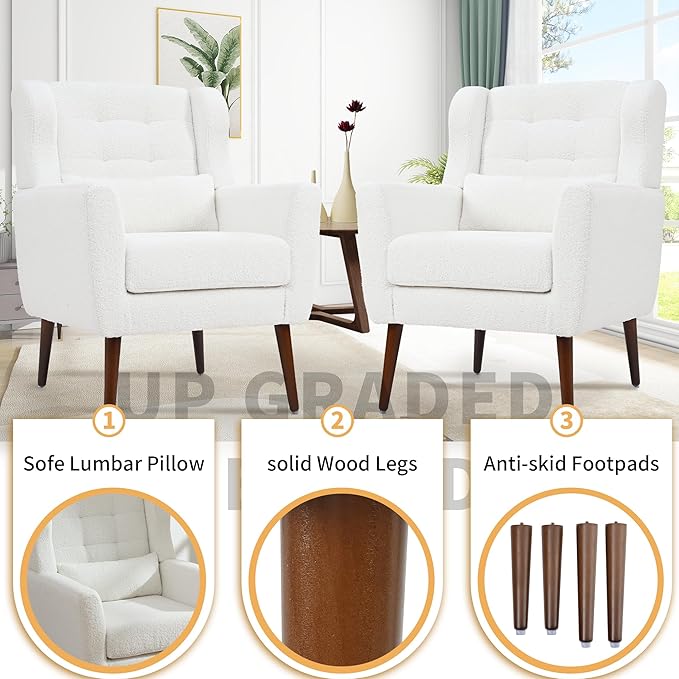Accent Chair Set of 2 Upholstered Armchair with Pillow Teddy Single Sofa with Lounge Seat and Wood Legs for Living Room Small Spaces