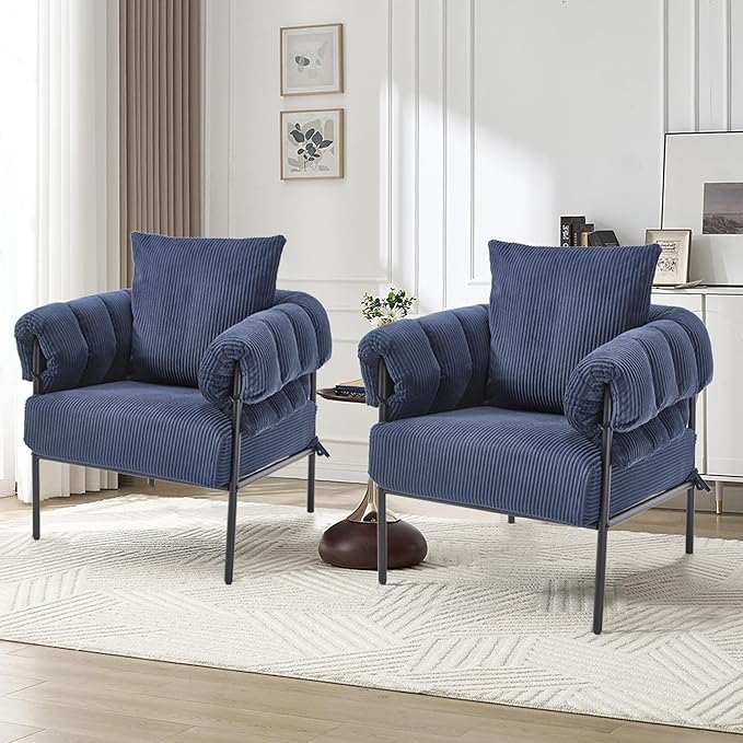 YITAI Modern Upholstered Velvet Accent Set of 2Comfy Lounge Sofa Fabric Large Arm Chair with Soft Pillow Metal Frame Reading Chair for Living Room Bedroom Balcony Blue