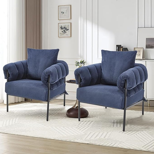 YITAI Modern Upholstered Velvet Accent Set of 2Comfy Lounge Sofa Fabric Large Arm Chair with Soft Pillow Metal Frame Reading Chair for Living Room Bedroom Balcony Blue