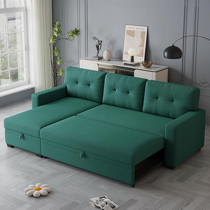 82 Convertible Sectional Sleeper Sofa with Storage Chaise L Shaped Pull Out Couch Bed with 3 Tufted Back Cushion for Living Room ApartmentOfficeGreen