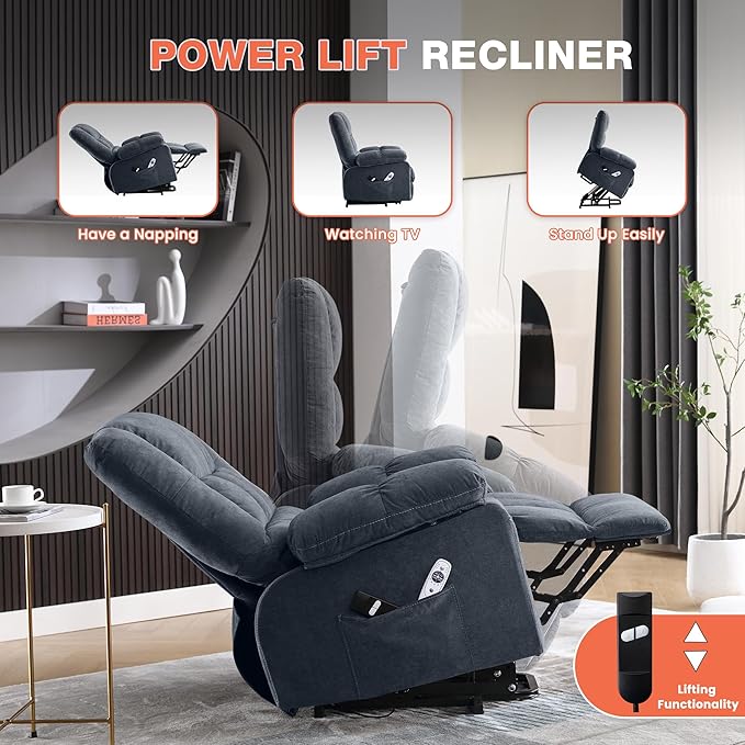 Power Lift Recliner Chair for Elderly with Vibration Massage and Lumbar Heating Electric Lift Recliner Single Sofa with Side Pocket and USB Charge Port for Living Room