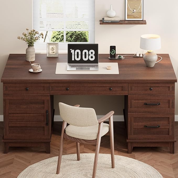 60 Executive Desk with Power Outlet Home Office Desk with Drawers Wooden Work Desk with File Cabinet Computer Desk for Work Study Writing Brown