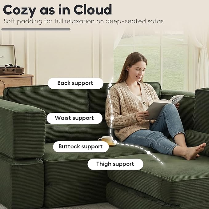 119 Modular Sofa Bed with High Backrest Pillows Corduroy Folding Convertible Floor Sofa Couch Bed with Fixed-Shape Frame Building Block Sofa for Parent-Child Castle Living Room Green