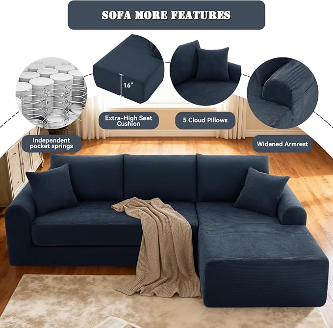 103 Modular Sectional Sofa Couch with ChaiseFolding L-Shape Sofa Bed with Deep SeatCorduroy Convertible Couch BedCompression Cloud Boneless Couches for Living Room(Navy BlueRight Facing Chaise)