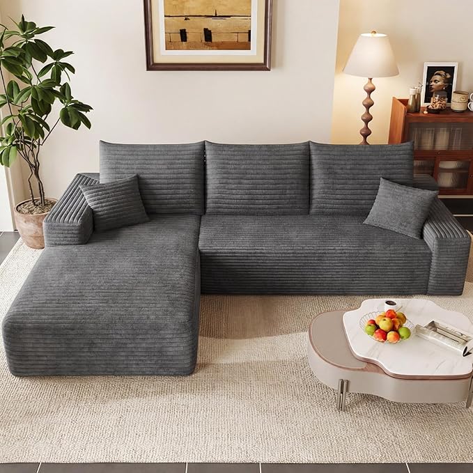 95 Modular Sectional Couch Boneless L Shaped Cloud Sofa with Chaise Lounge Corduroy Upholstered Couches Memory Foam Deep Seat No Assembly Required Ideal for Living Room(Dark Gray Left Facing)