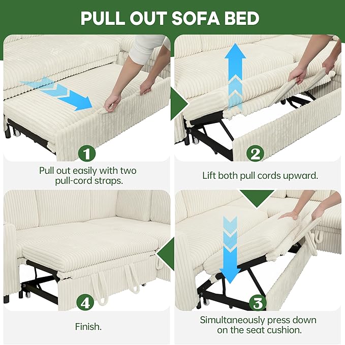 Sectional Couches for Living Room Sectional Sleeper Sofa with Pull Out Bed Modular Corner Sofa with Storage Convertible Sofa Bed for Living Room Bedroom and Apartment Beige