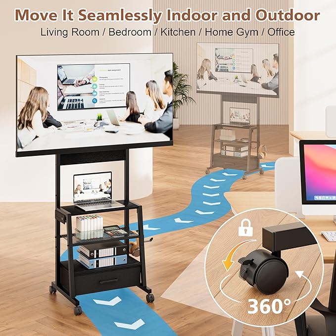Rolling TV Stand with Wheels and Mount - Small Corner TV Stand with Power Outlet for 32-55 inch TV Entertainment Center with Fabric Drawer Storage for Living Room Bedroom Black