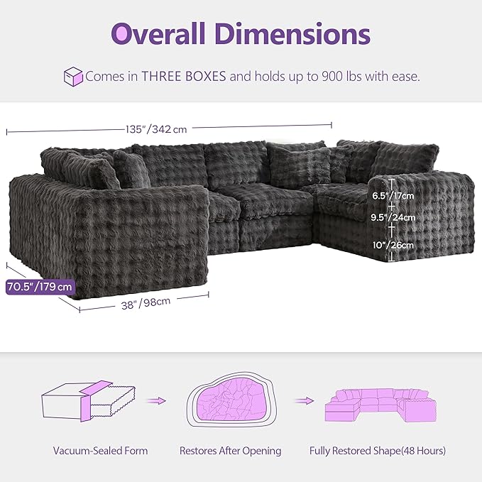 TYBOATLE 135’’ Boneless Slow-Rebound Memory Foam Couch Cloud Sectional Couches for Living Room w/Upgraded Fabric Comfy Deep Seat Fluffy U Shaped Modular Sectional Sofa w/Chaise