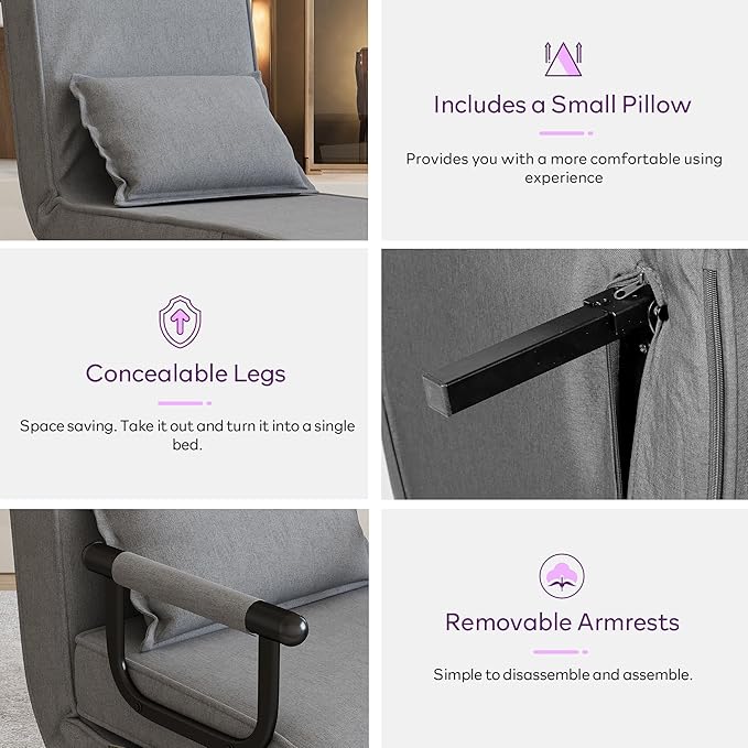 TYBOATLE Folding Chair Bed Comfy Convertible Sleeper Sofa 5 in 1 Folding Bed with 5-Position Adjustable Backrest &amp Pillow Floor Single Chairs Cozy Futon Chair for Small Spaces Office (Light G