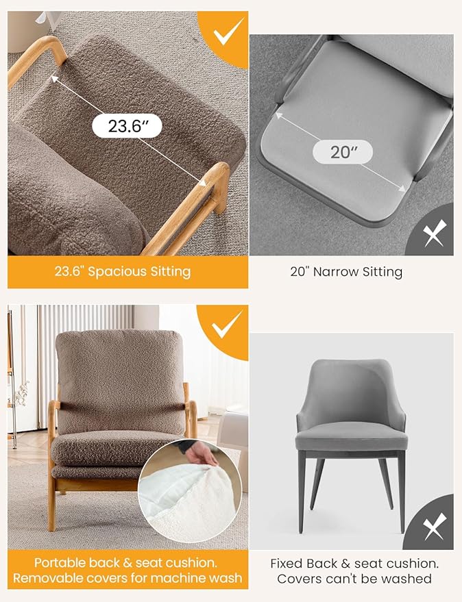Mid Century Modern Accent Chairs for Living Room 23” Wide Comfy Chair for Bedroom Small Cozy Sherpa Reading Chairs for Adults 108° Lounge Arm Chair Indoor with Detachable Cover 5.5 Foam Cushion