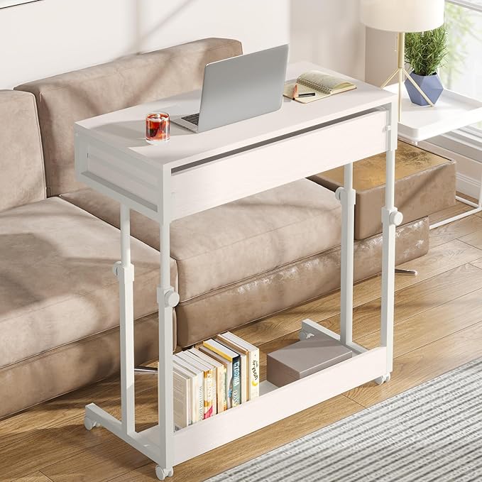 Tribesigns Portable Desk with Drawers Mobile Laptop Desk with Wheels Sofa Side Table Bed Desks Small Standing Desk for Home Office (White)