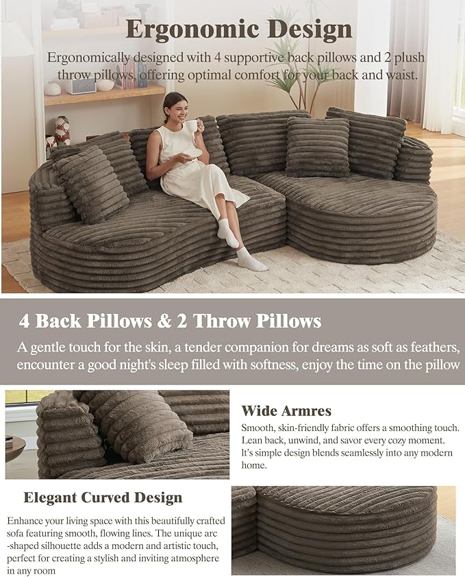 121 inch Boneless Cloud Modular Sectional Couch Wide Curved L Shaped Sofa with Chaise | Corduroy Fabric | Compressed Foam Sofa for Living Room | No Assembly Dark Brown