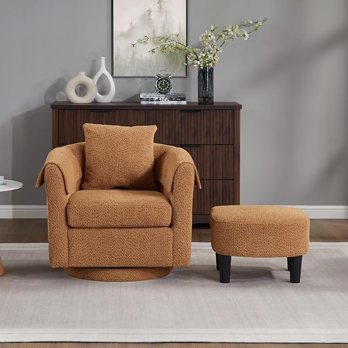 Swivel Accent Chair with Ottoman Modern Chenille Comfortable Bucket Chair with Removable Pillow Small Couch Barrel Armchair for Small Spaces Living Room Bedroom Office (Yellow)