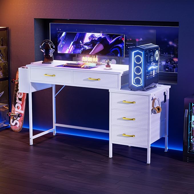 Computer Desk with Charging Station Home Office Desks with Printer Stand PC Table with 5 Fabric Drawers White Desk with Storage Vanity Desk for Small Space White