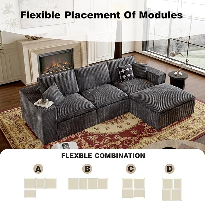 108 Boneless Compression Sectional Sofa L-Shape Interchangeable Chaise Deep Seat with High-Resilience Foam Soft Corduroy Upholstery No Assembly Needed for Living Room Bedroom