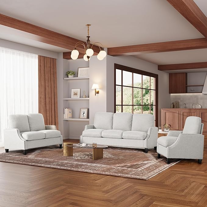3 Piece 6-Seater Living Room Sofa Set Modern Upholstered 3-Seater Sofa Loveseat &amp Armchair Handmade Nailhead Trim Ergonomic Deep-Seat Couch for Living Room Bedroom Apartment Beige